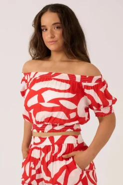 Sustainable Viscose Shirred Bardot Crop Top - Red Geo Waves