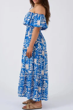 Sustainable Viscose Shirred Ruffle Maxi Dress - Blue Tiki