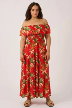 Sustainable Viscose Shirred Ruffle Maxi Dress - Flame Tropico