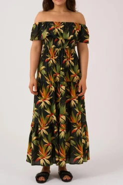 Sustainable Viscose Shirred Ruffle Maxi Dress - Black Tropico