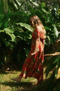 Sustainable Viscose Shirred Ruffle Maxi Dress - Flame Tropico