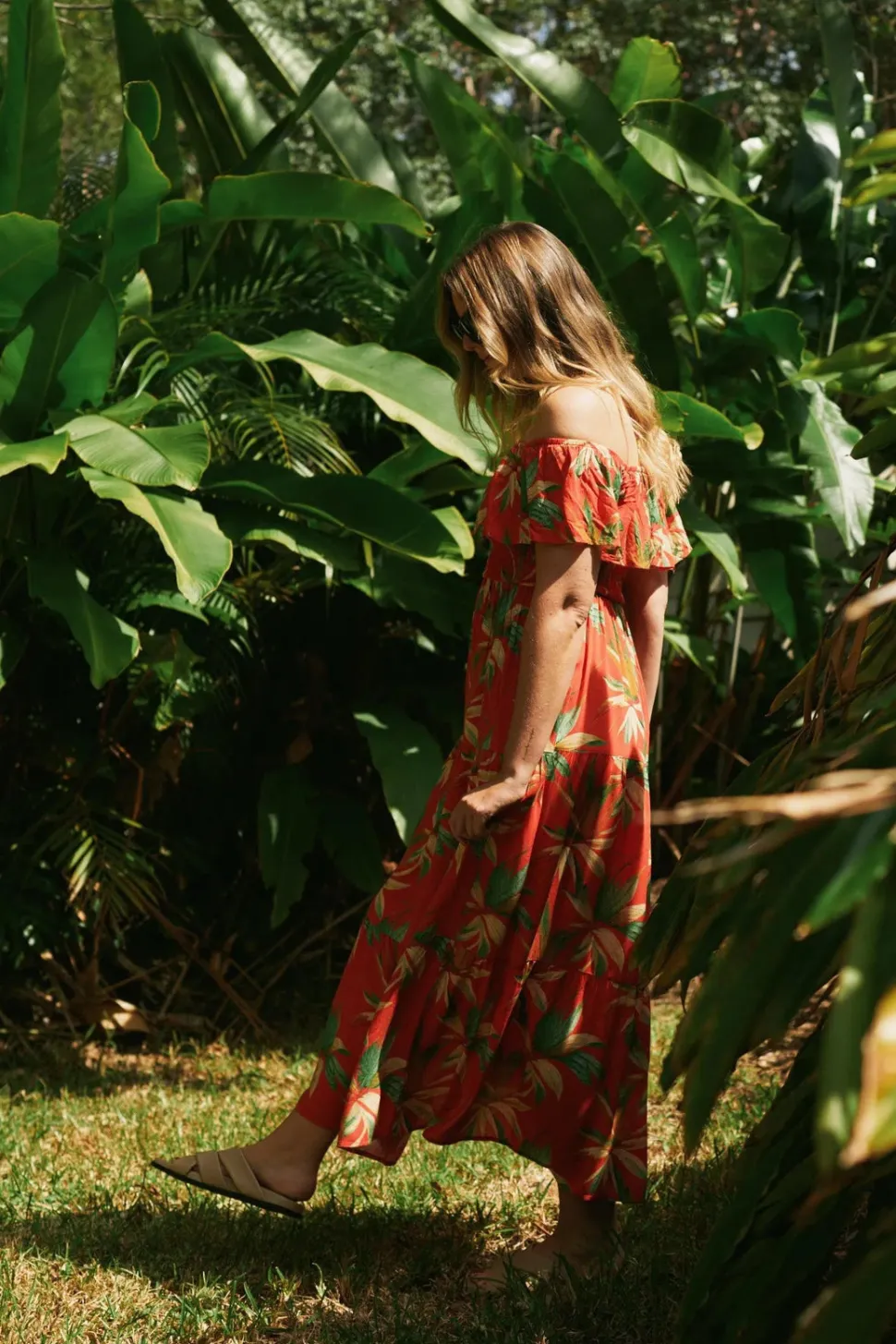 Sustainable Viscose Shirred Ruffle Maxi Dress - Flame Tropico