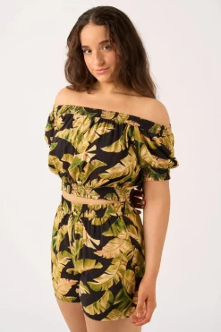 Sustainable Viscose Shirred Bardot Crop Top - Black Tropical Leaf