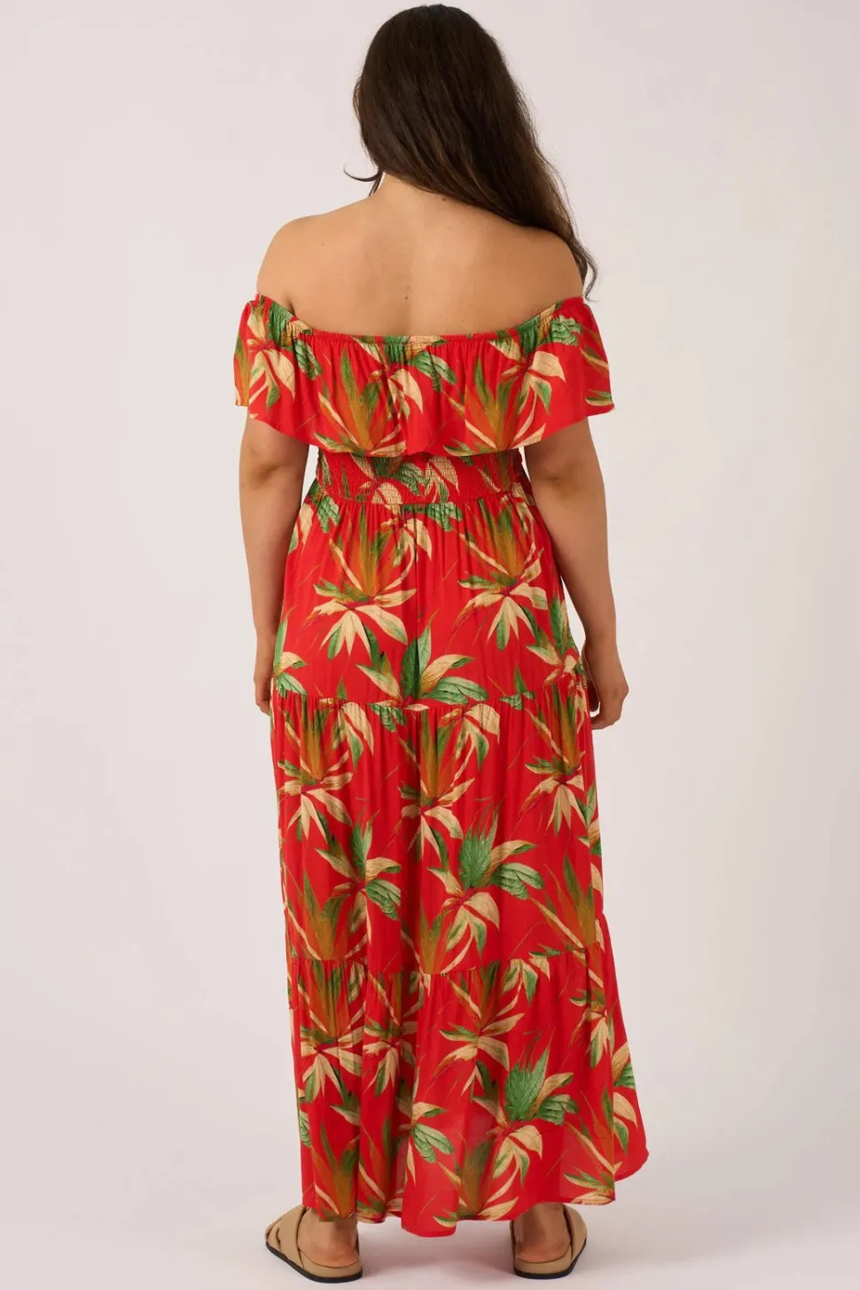 Sustainable Viscose Shirred Ruffle Maxi Dress - Flame Tropico