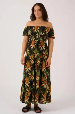 Sustainable Viscose Shirred Ruffle Maxi Dress - Black Tropico
