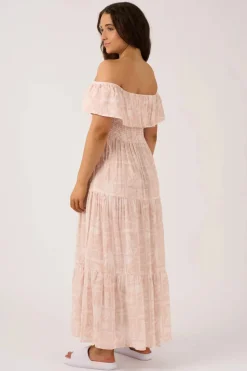 Sustainable Viscose Shirred Ruffle Maxi Dress - Nude Tiki