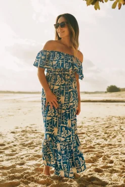 Sustainable Viscose Shirred Ruffle Maxi Dress - Blue Tiki