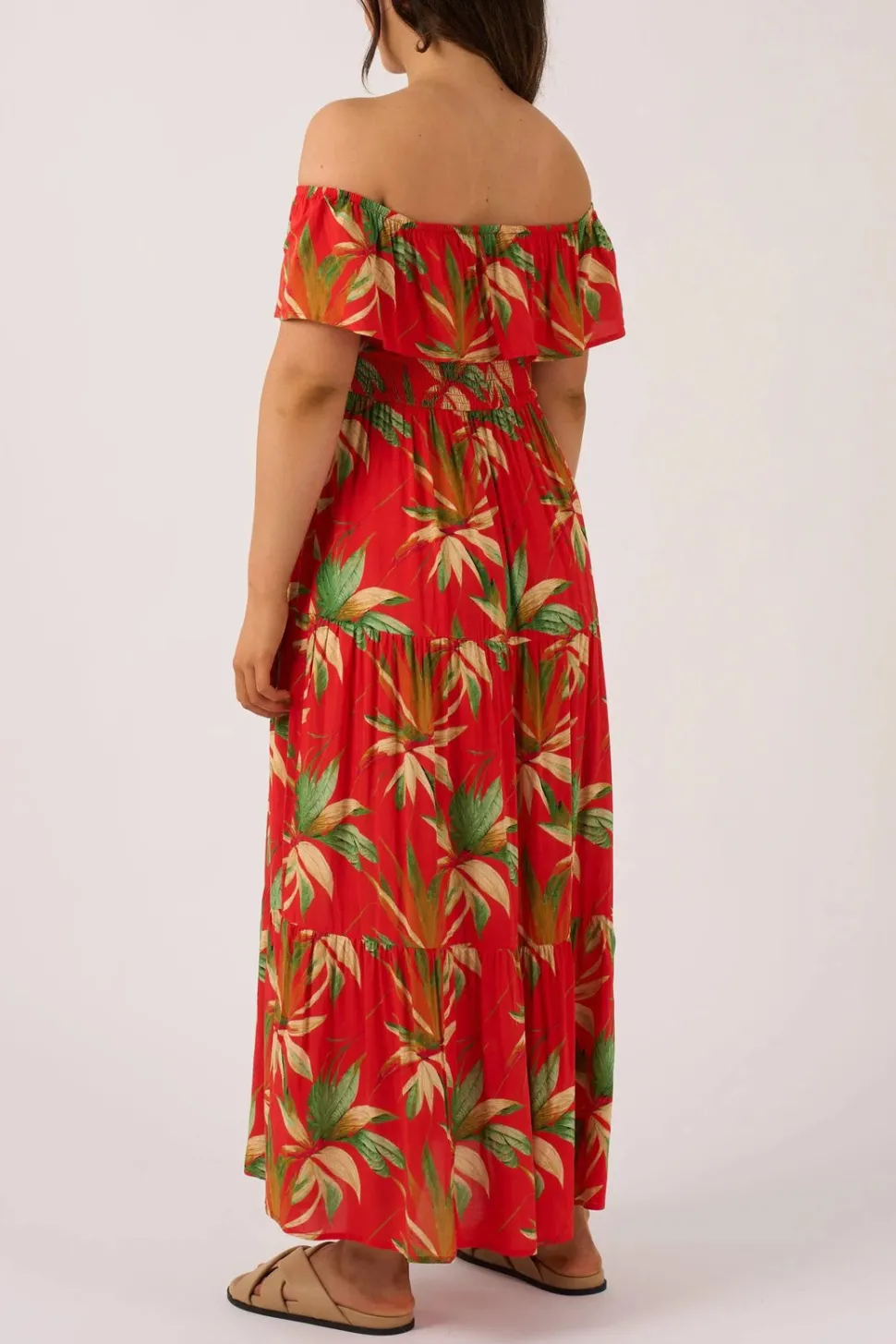 Sustainable Viscose Shirred Ruffle Maxi Dress - Flame Tropico