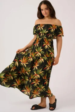 Sustainable Viscose Shirred Ruffle Maxi Dress - Black Tropico