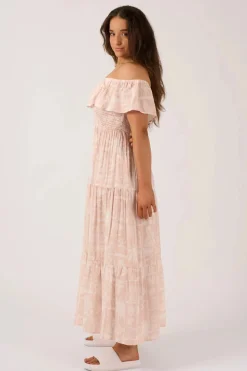 Sustainable Viscose Shirred Ruffle Maxi Dress - Nude Tiki