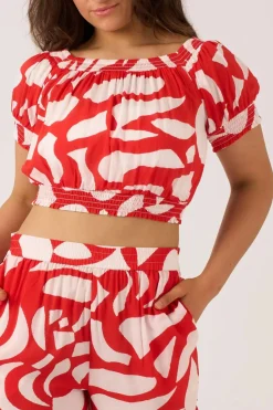 Sustainable Viscose Shirred Bardot Crop Top - Red Geo Waves