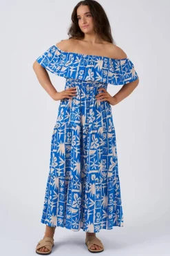 Sustainable Viscose Shirred Ruffle Maxi Dress - Blue Tiki