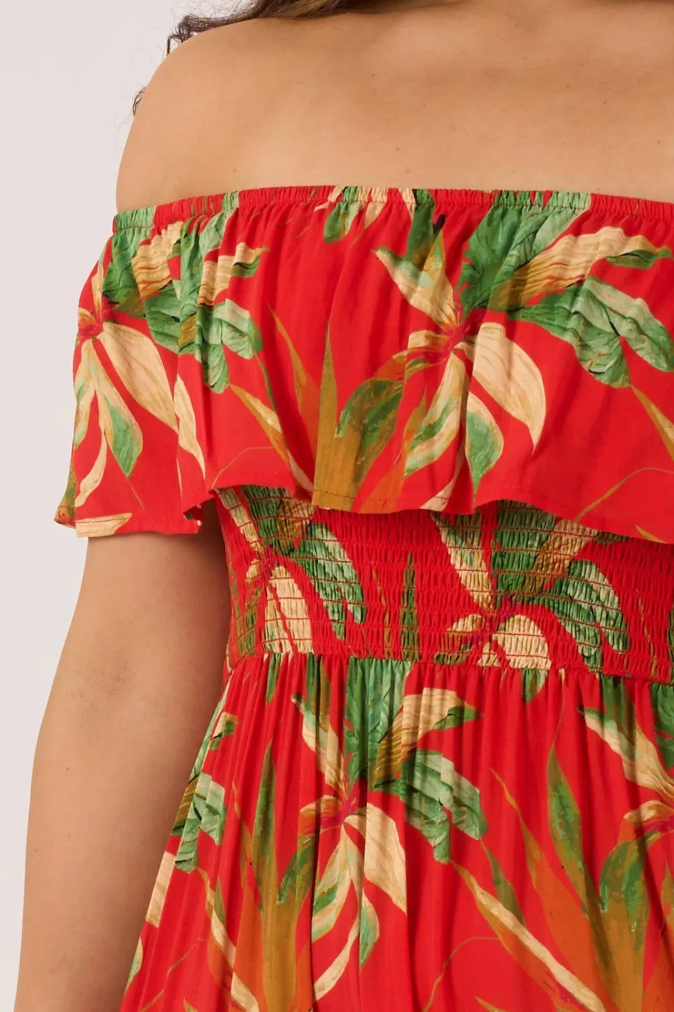 Sustainable Viscose Shirred Ruffle Maxi Dress - Flame Tropico