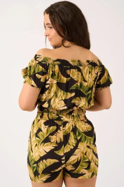Sustainable Viscose Shirred Bardot Crop Top - Black Tropical Leaf