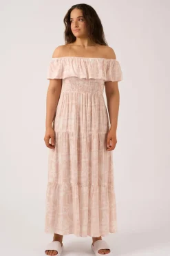 Sustainable Viscose Shirred Ruffle Maxi Dress - Nude Tiki