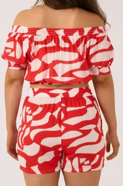 Sustainable Viscose Shirred Bardot Crop Top - Red Geo Waves