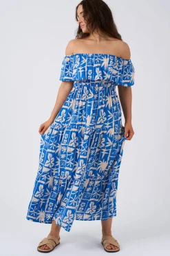 Sustainable Viscose Shirred Ruffle Maxi Dress - Blue Tiki