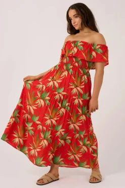 Sustainable Viscose Shirred Ruffle Maxi Dress - Flame Tropico