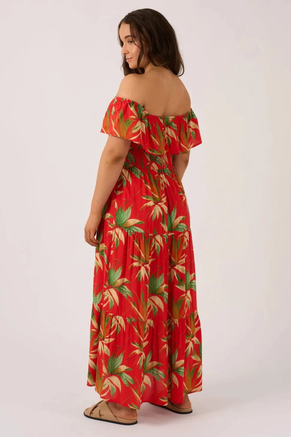 Sustainable Viscose Shirred Ruffle Maxi Dress - Flame Tropico