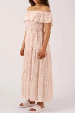 Sustainable Viscose Shirred Ruffle Maxi Dress - Nude Tiki