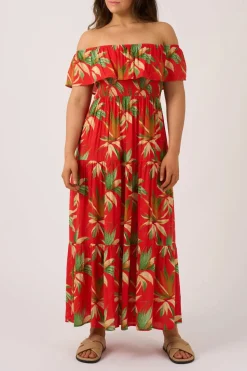 Sustainable Viscose Shirred Ruffle Maxi Dress - Flame Tropico