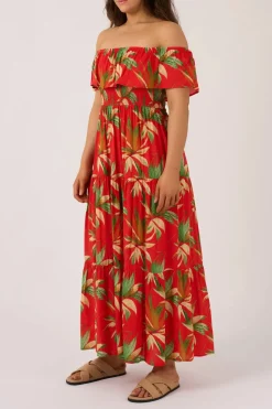 Sustainable Viscose Shirred Ruffle Maxi Dress - Flame Tropico
