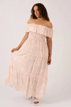 Sustainable Viscose Shirred Ruffle Maxi Dress - Nude Tiki