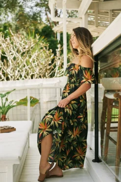 Sustainable Viscose Shirred Ruffle Maxi Dress - Black Tropico