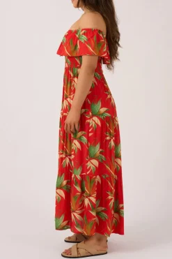 Sustainable Viscose Shirred Ruffle Maxi Dress - Flame Tropico