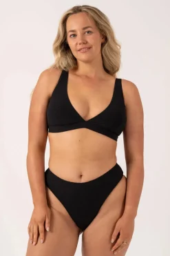 Textured Built Up Deep V Triangle Bikini Top - Black
