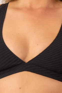 Textured Built Up Deep V Triangle Bikini Top - Black