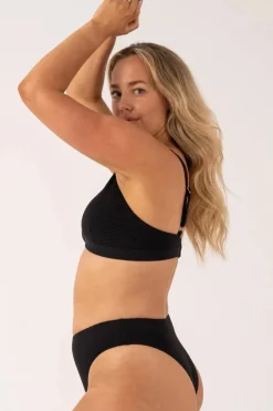 Textured Built Up Deep V Triangle Bikini Top - Black