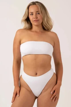 Textured High Waist High Leg Bikini Bottom - White