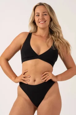 Textured High Waist High Leg Bikini Bottom - Black