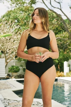 Textured Midi Waist Bikini Bottom - Black