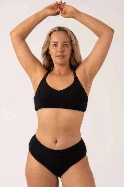 Textured Midi Waist Bikini Bottom - Black