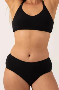 Textured Midi Waist Bikini Bottom - Black