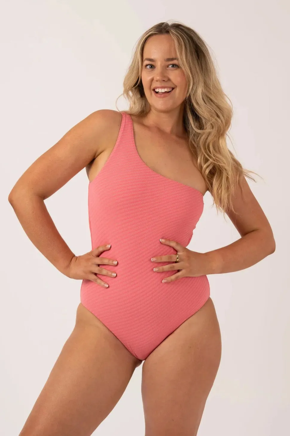 Textured One Shoulder One Piece - Bubblegum Pink