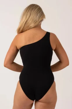 Textured One Shoulder One Piece - Black