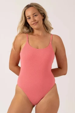 Textured Scoop Neck High Leg One Piece - Bubblegum Pink