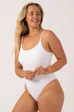 Textured Scoop Neck High Leg One Piece - White