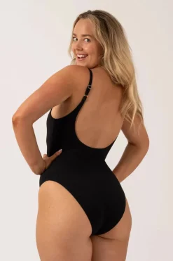 Textured Scoop Neck High Leg One Piece - Black