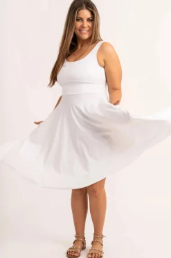 White Silky - Scoop Neck Comfort Crop Midi Dress W/ Pockets