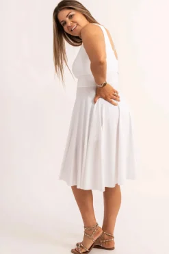 White Silky - Scoop Neck Comfort Crop Midi Dress W/ Pockets